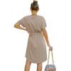 Women's Mini Dress High Waist Short Sleeve Basic Flowy Dress Loose Fit V Neck Solid Color Belted Party Dress