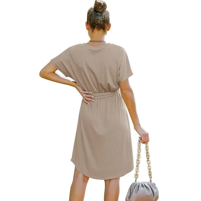 Mini abito da donna a vita alta manica corta abito fluido di base vestibilità ampia scollo a V tinta unita abito da festa con cintura