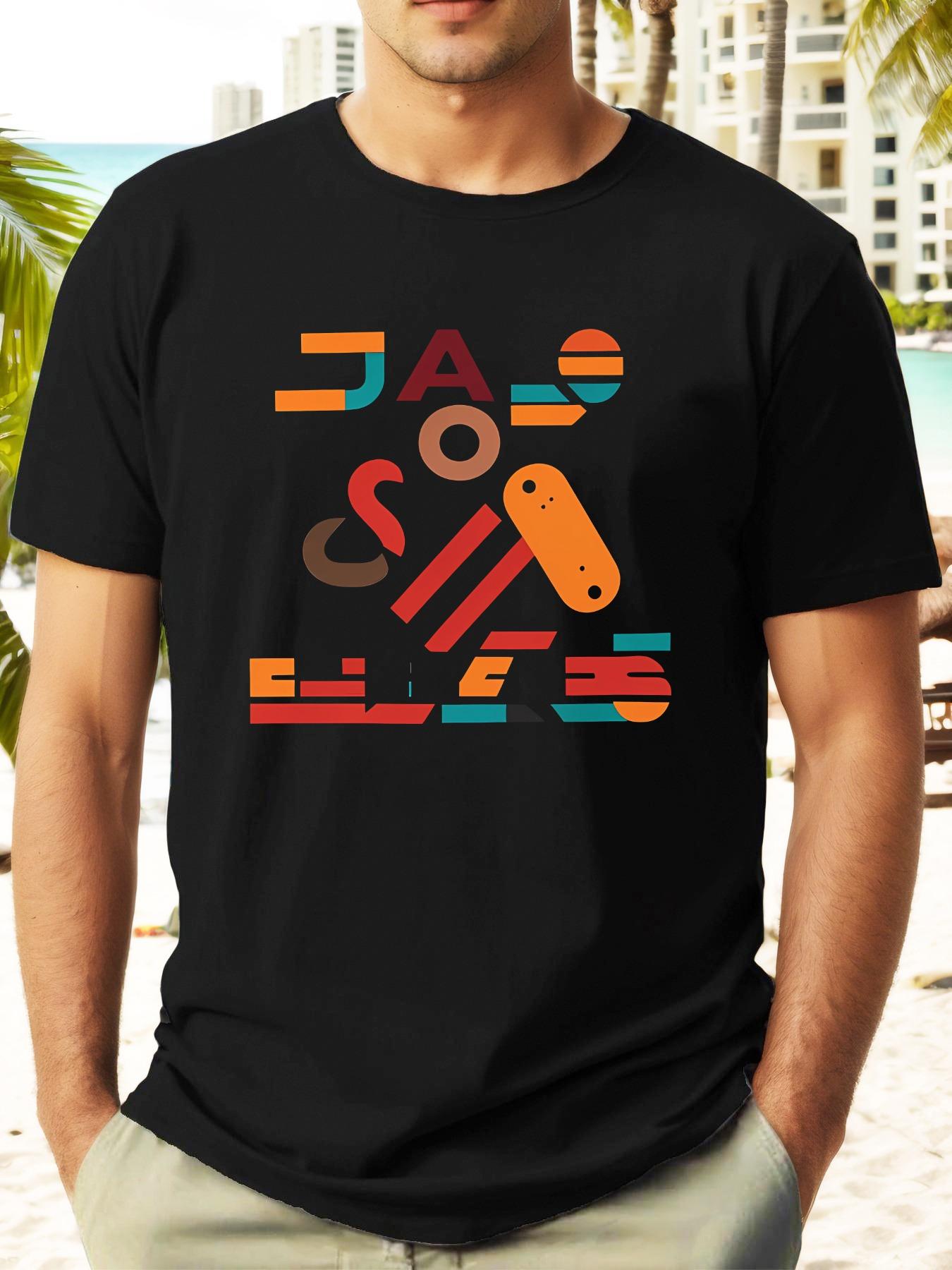 Summer Casual Short Sleeve T-shirt - White Geometric Color Block Design with Bold Lettering XXXXL