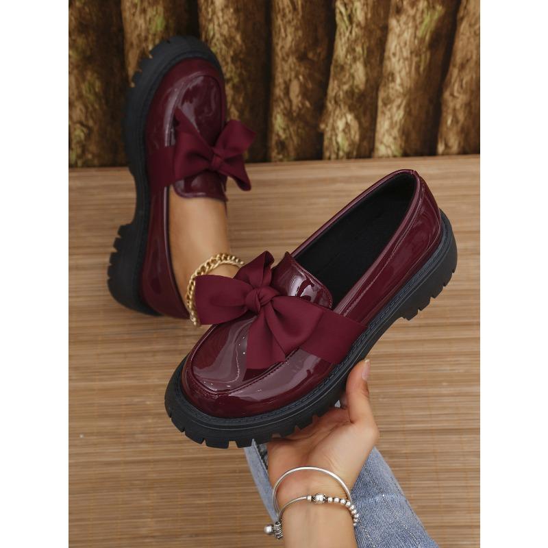 Chunky Sole 2025 British Style Korean Vintage Leather Loafers for Women Women's Slip-On Loafers with Bow Detail