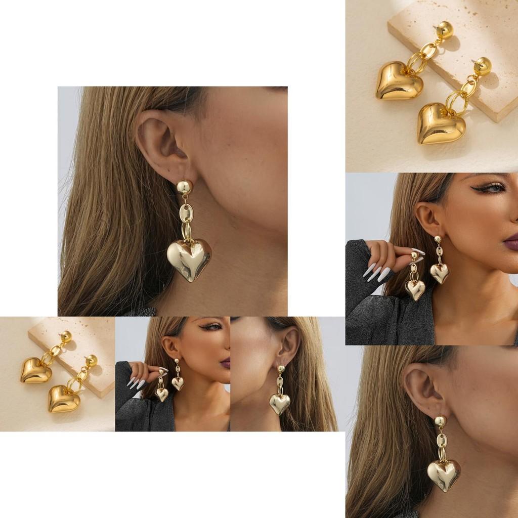 Trendy Gold Heart Pendant Earrings Vintage Geometric Heart Studs Fashion Street Style