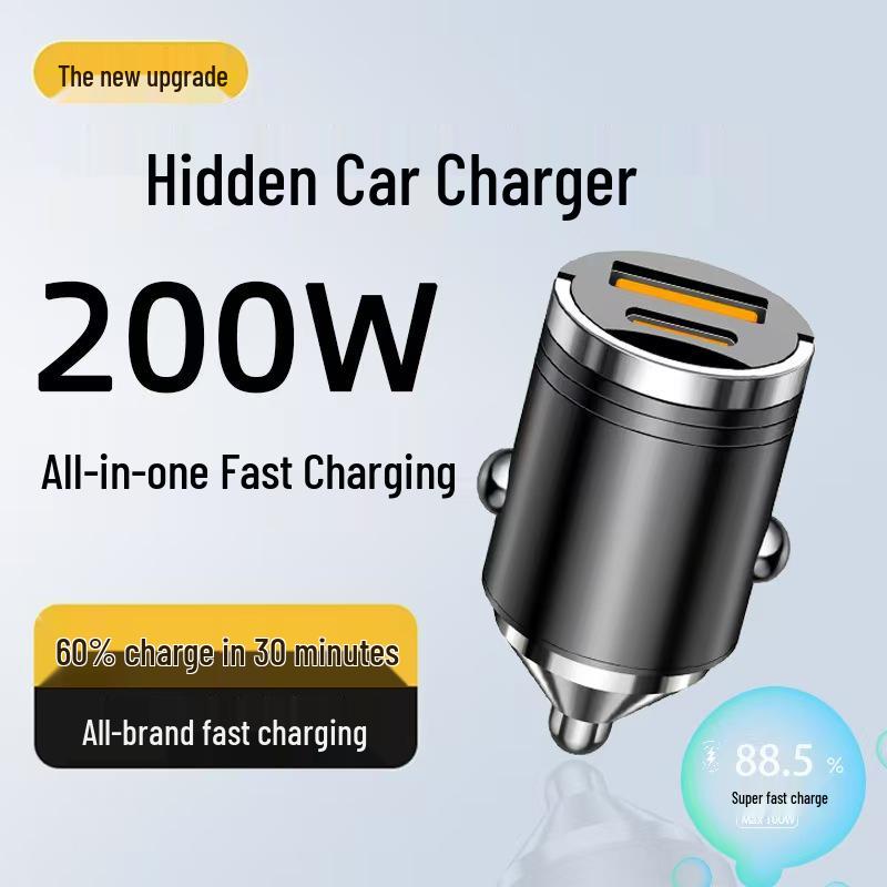 200W Super Fast Mini Car Charger, 12V/24V, Flash Charge for Android & Apple with Pull Ring Design