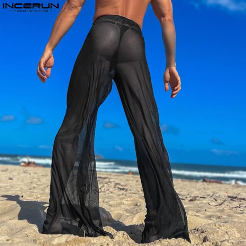 INCERUN Summer Men High Waist Transparent Pants Wide Leg Fishnet Trousers