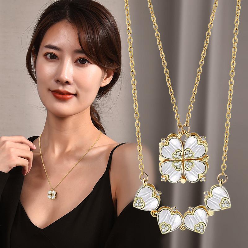 Elegant Titanium Steel Four Leaf Clover Heart Necklace For Women Short Luxurious Design Locking Chain Collar