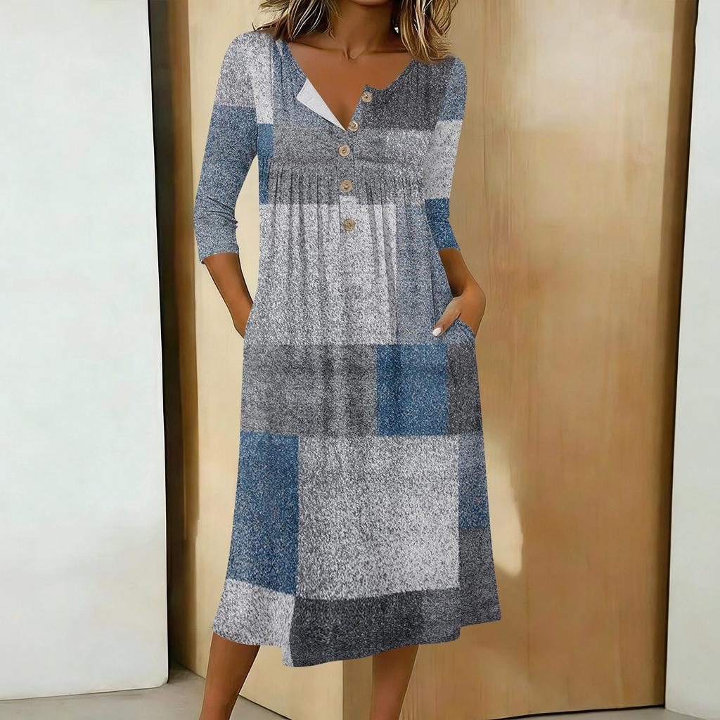 Women's Fashionable Color Printed Round Neck 3/4 Sleeve Button Collar Mid Length Casual Dress