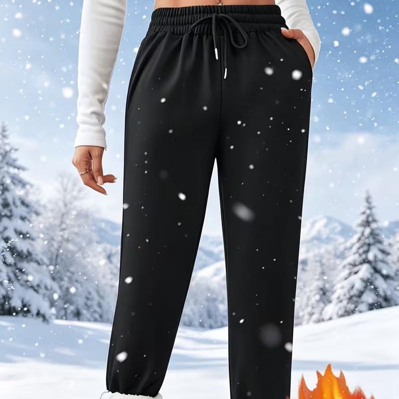 Womens Fleece Lined Casual Pants High Waist Elastic Slim Fit Trousers