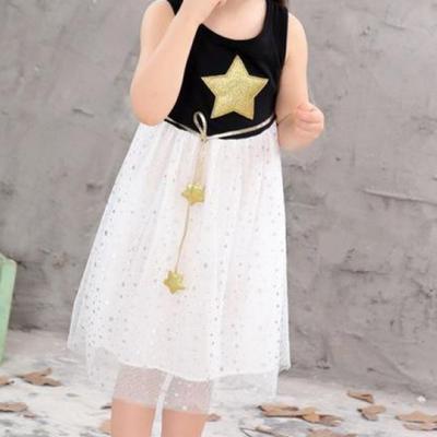 Sleeveless Dress Gold Star Print Soft Pullover Girls Mesh Stitching Dress for Vacation