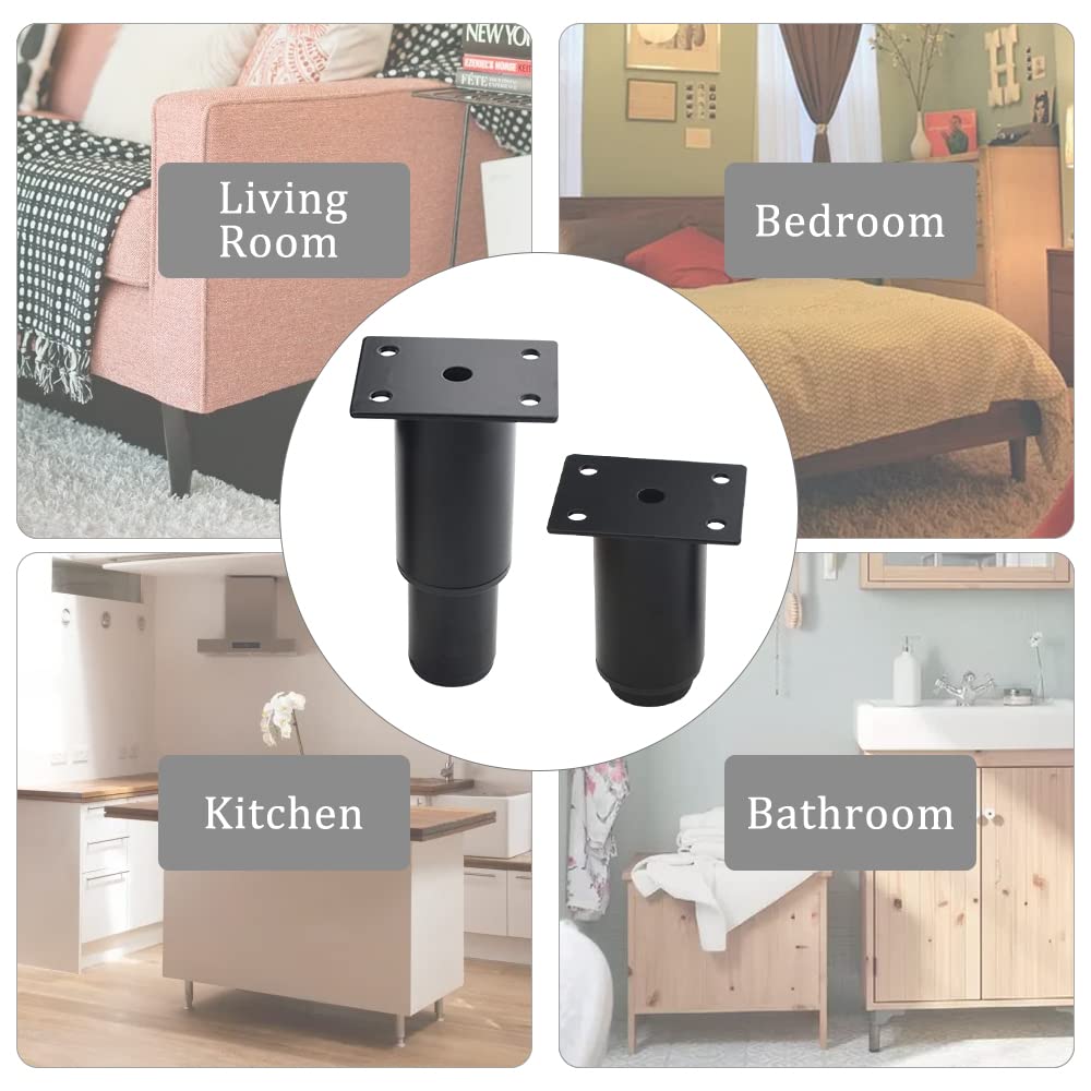XINMEIWEN 4-Pack Metal Adjustable Furniture Legs, Cabinet Legs, Heavy-Duty Bed Center Frame Slat Support Legs for Table, Bed, Sofa (3''-4.7'', Black)