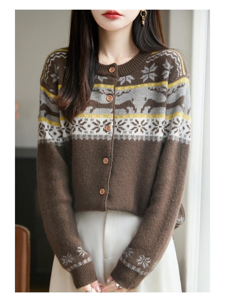 Dámský pletený kardigan Fair Isle - Volný svetr s dlouhým rukávem pro podzim/zimu 2025