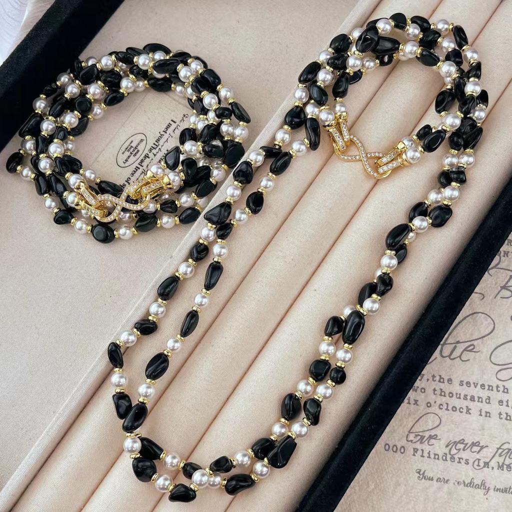 Vintage Natural Black Agate Artificial Pearl Contrasting Color Double Layer Sweater Chain Necklace