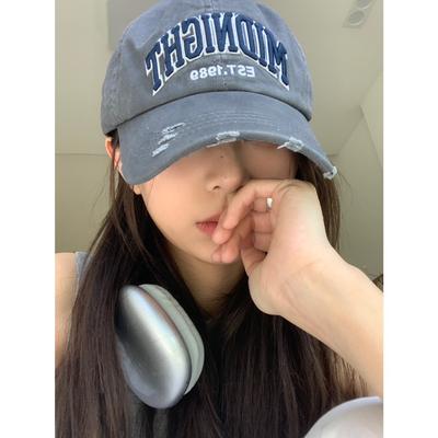 Street Distressed Baseball Cap with Embroidered Letters Soft Top Big Head Peaked Cap  Niche Hat