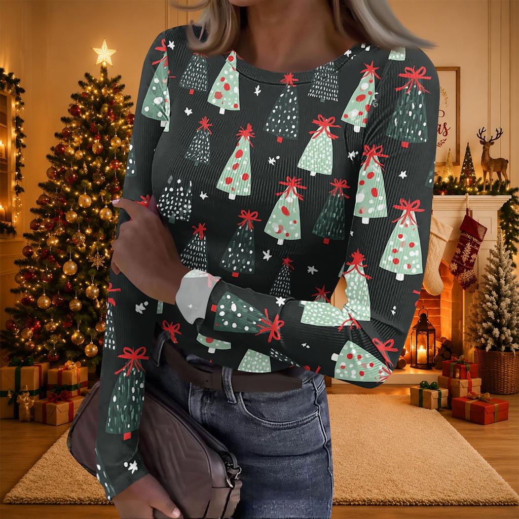 Women's Casual Christmas Print Long Sleeve Ribbed Knit Top with Round Neck