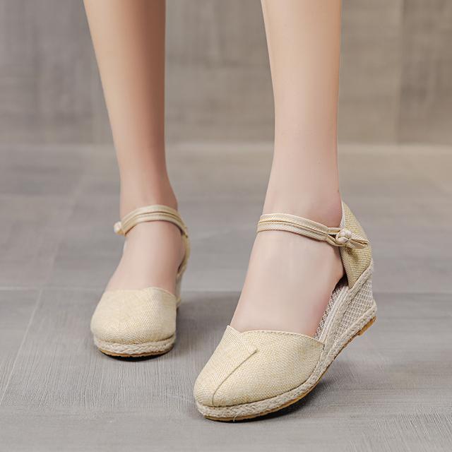 Patchwork Women Linen Wedge Espadrilles Sandals 6cm High Heel Summer Elegant Lady Close Toe Shoes Black Red White Beige