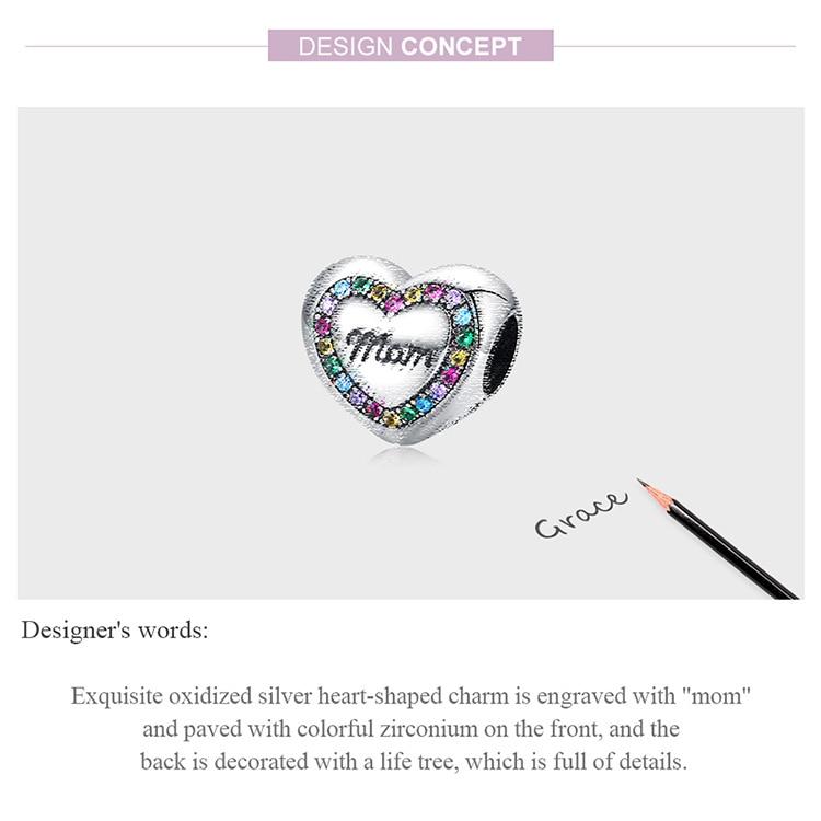 Bamoer Rainbow Zircon Heart-Shaped Charm 925 Sterling Silver Love Life Tree Beads Fit for Women Bracelet or Bangle Fine Jewelry