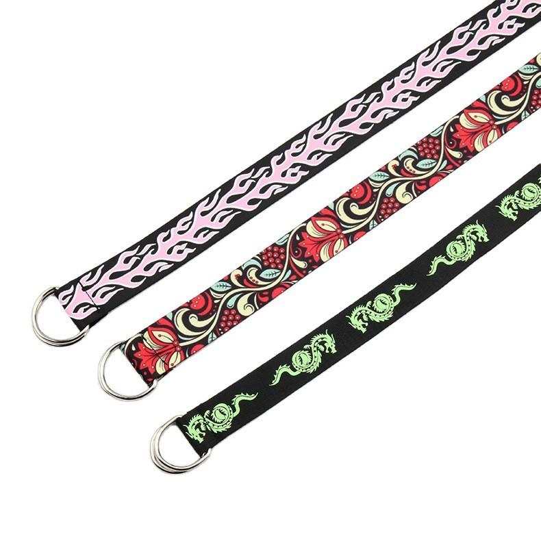 Fire Flame Embroidered Canvas Belt With Double Ring Closure For Fashionable Denim Outfits