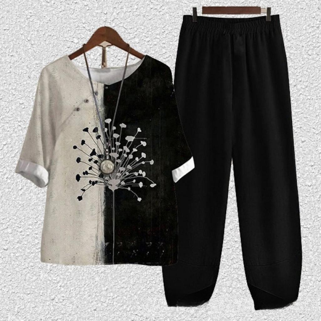 Women's Loose Fit Floral Printed Two Piece Outfit Half Sleeve T-Shirt Elastic Waist Pantsuit