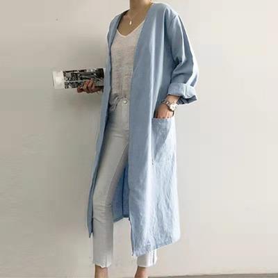 Women's Long Trench Coat V-Neck Long Sleeve Cotton Cardigan Sun Protection Long Jacket Robe for Summer Causal Outwear