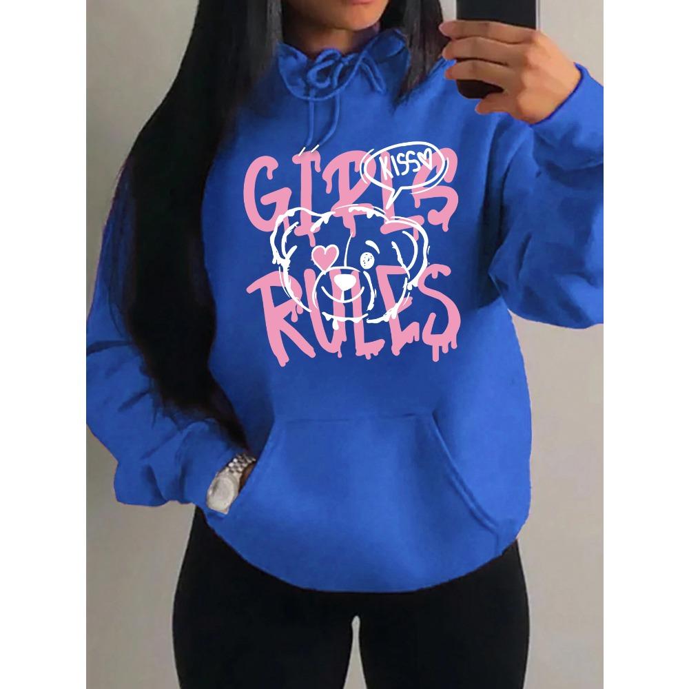 Girls Rules Pink Kiss Cartoon Love Bear Design Women Hoodies Autumn Y2K Hoody Casual Sportswear Fleece Clothes