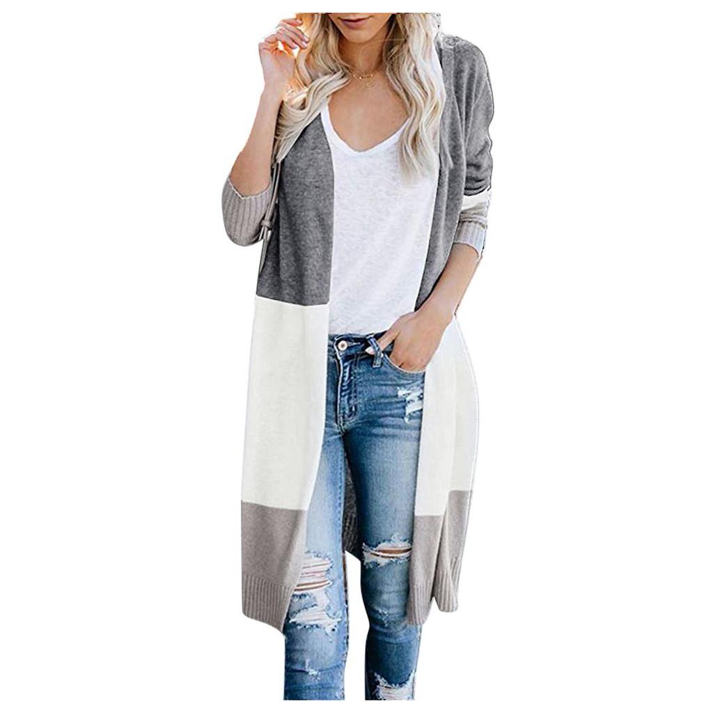 Womens Multicolor Striped  Patchwork Long Sleeve Fashion Cardigan  Sweater