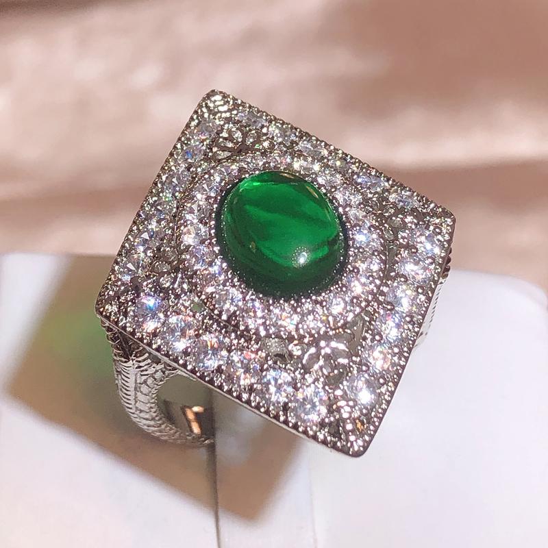 Nuevos anillos huecos con forma de rombo Retro para mujer, anillo de joyería de Color plateado y circonita verde, anillo de compromiso de boda clásico, joyería completa