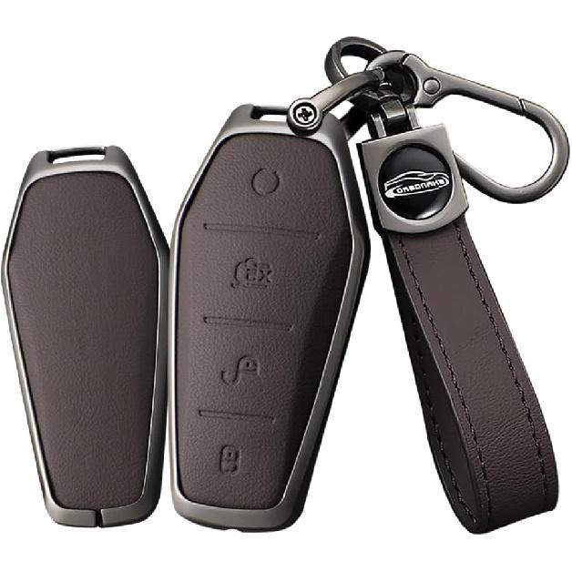 

Metal Key Fob Cover with Keychain Fit for BYD Han Ev Tang Dm 4 Button Leather Car Key Case Cover Protector Key Cover Long-brown