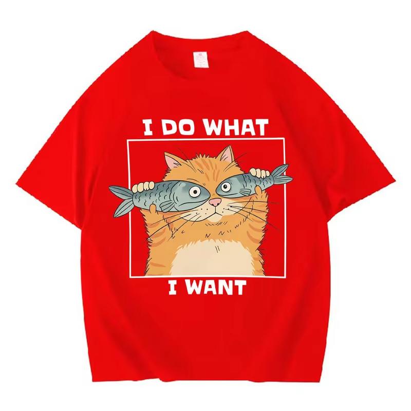 Funny Cat Holding Fish I Do What I Want Print Unisexs Cotton Teenagers Short Sleeve Top 2026 Summer Daily Street Casual Tee