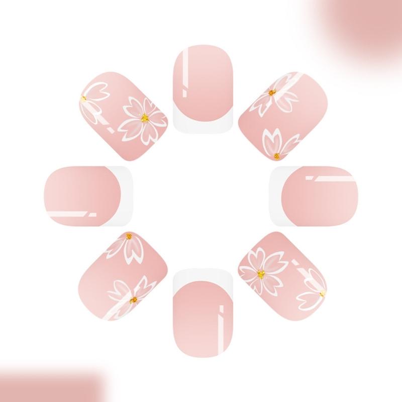 24pcs Press on Nail Flower False Nail With Short Shape And Glossy Finish Acrylic Nail Decoration for Wedding Parties