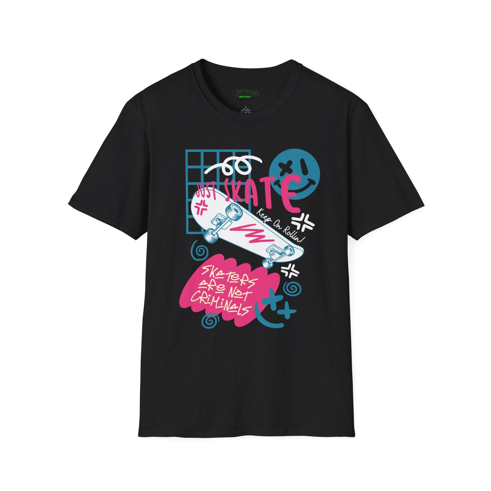 Skateboard Graphic T-Shirt | Skate Rollerskates, Retro Neon Skater Art 3XL
