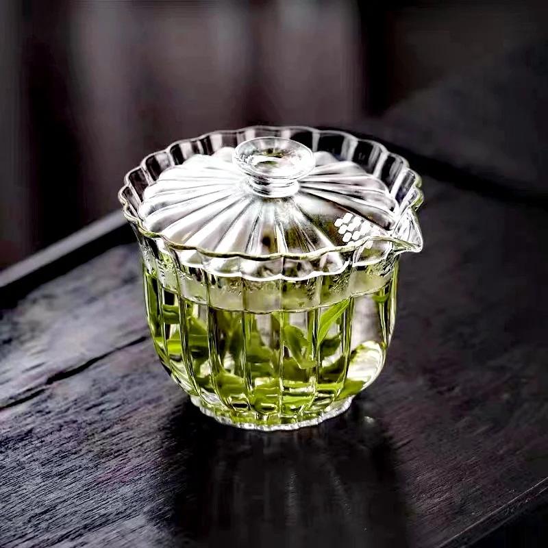 Sunflower Glass Cover Bowl Thickened High Borosilicate Glass Puer Tea Bowl High-end Light Luxury Kung Fu Tea Set Accessorie New