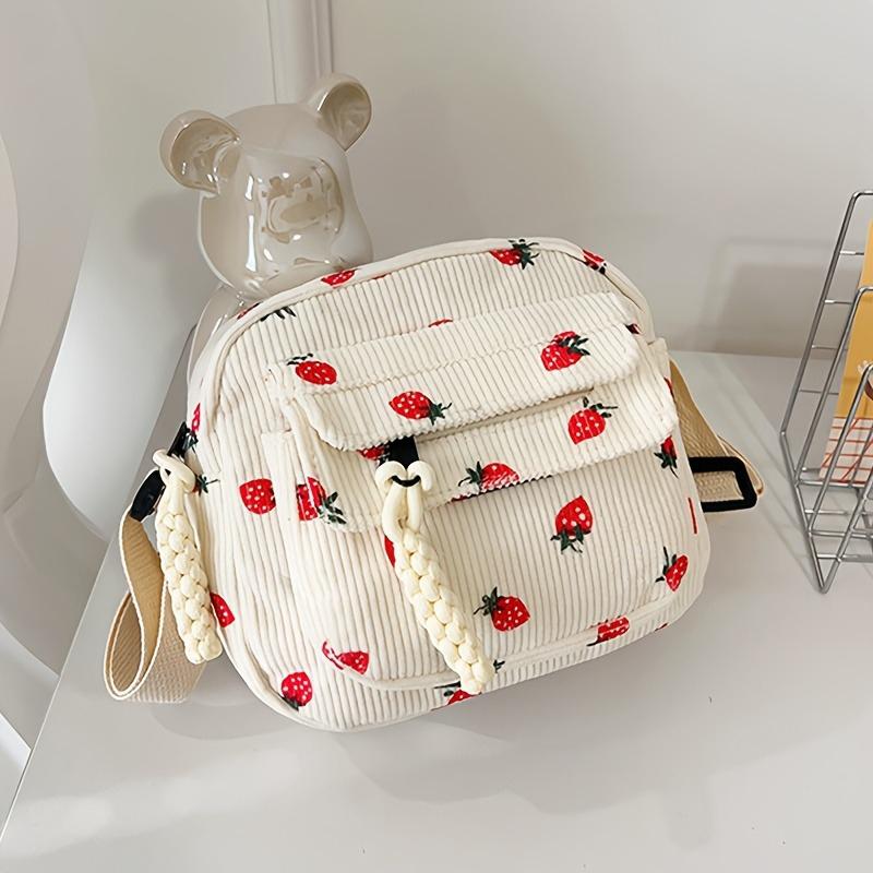 A Lovely Grassy Shoulder Bag, Strawberry Pattern, Multi-pocket Phe Bag, Casual Crossbody Bag, Women's Makeup Bag, Student Bag.