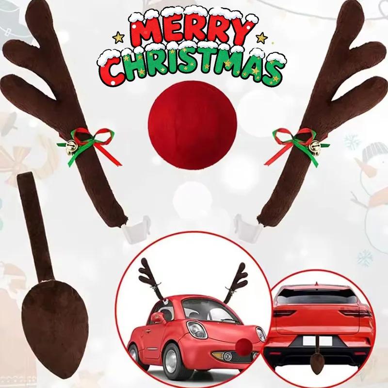 Christmas Car Decoration Antlers Red Nose Set Reindeer Decoration Vehicle Red Nose Elk Horn Decor Set Christmas Ornament New