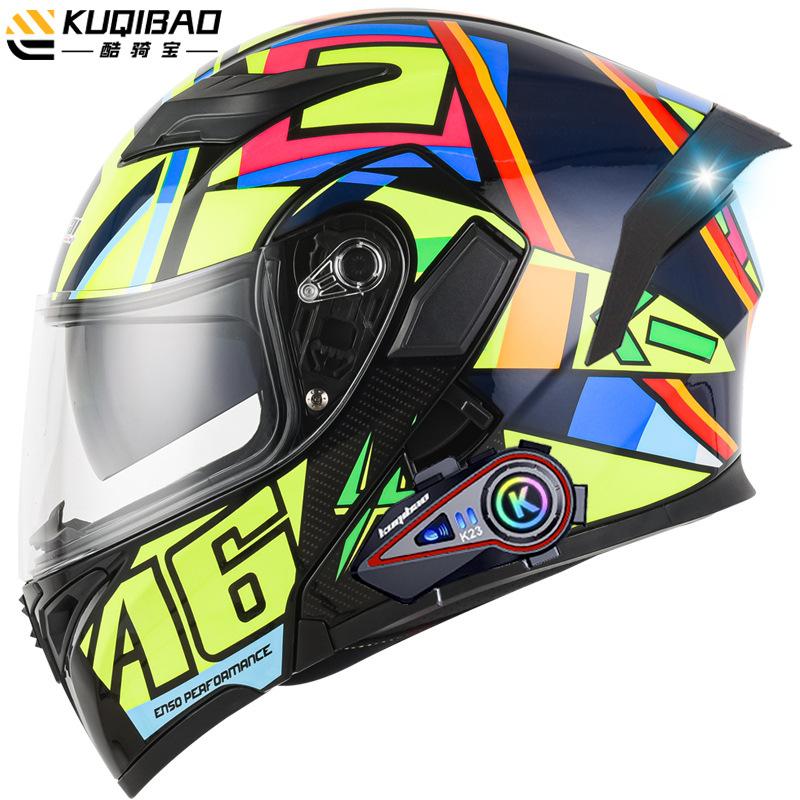 Kuqibao Dual Lens Open Face Helmet Motorcycle Bluetooth Helmet Dual Intercom Motorcycle Full Helmet Long Riding Range