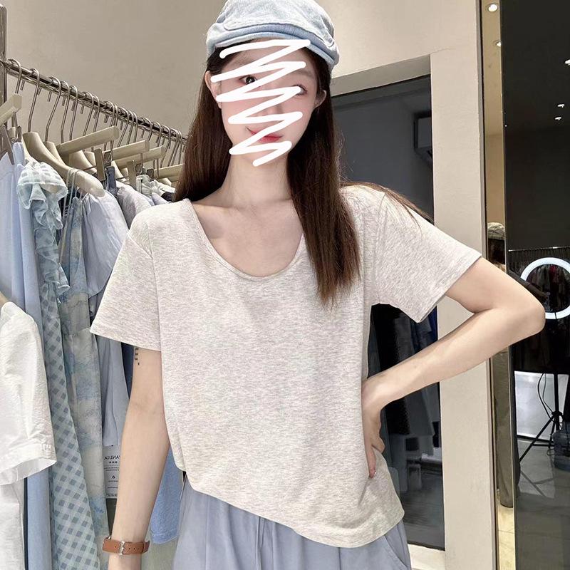 

Women s White U-Neck Elastic Short-Sleeve T-Shirt, Loose Fit, Large Neckline, Regular Shoulder, Versatile Style. M [Recommended 91-105 lbs]