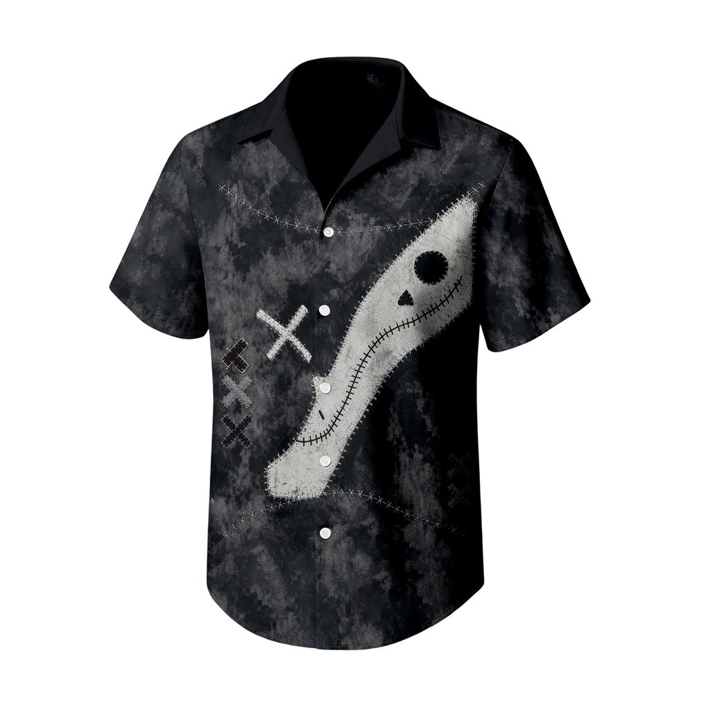 Men's Casual Short Sleeve Halloween Print Button Down Shirt