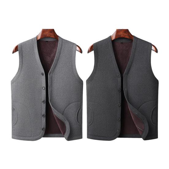 Men Vest Coat V-Neck Sleeveless Single Breasted Waistcoat with Pockets Solid Color Thickened Velvet Lining Coldproof Vest