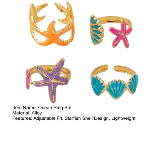 4Pcs/Set Ocean Series Ring Set, Multiple Styles Starfish Shell Design Finger Ring, Alloy Adjustable Stacking Rings for Jewelry Gift