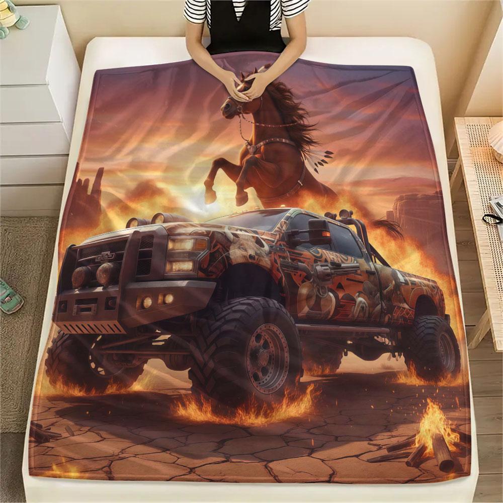 1Pc Cool Pickup Truck Print Flannel Blanket, High Quality Comfortable for All Seasons, Home Decor, Warmth and Comfort, Perfect for Christmas Gifts