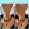 Collier Pendentif Multicouche Géométrique Cœur Étoile Pièce de Monnaie pour Hommes Femmes Style Noir Or Argent