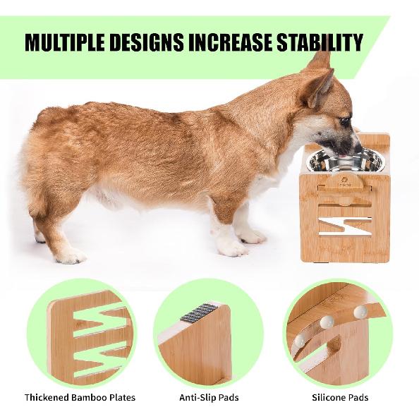 Elevated Dog Bowl, 6 Heights Adjustable Raised Dog Bowl 2.4″-6.7″, with Food Grade 304 Stainless Steel 15 OZ, Bamboo Dog Bowl Stand for Small &