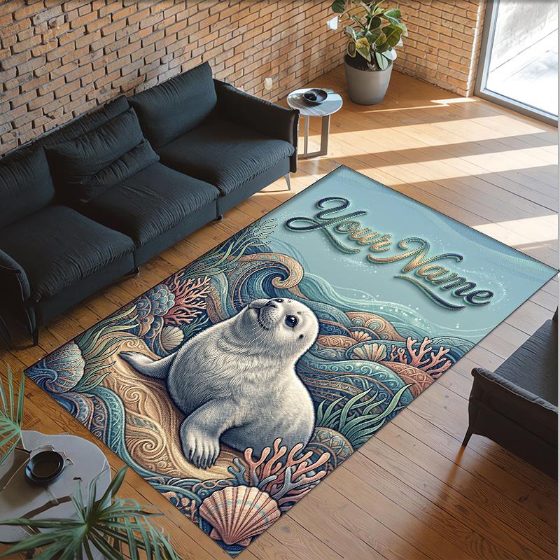 Mermaid Underwater Theme Crystal Velvet Rug Personalized Custom Name Text Soft Floor Mat Home Decor