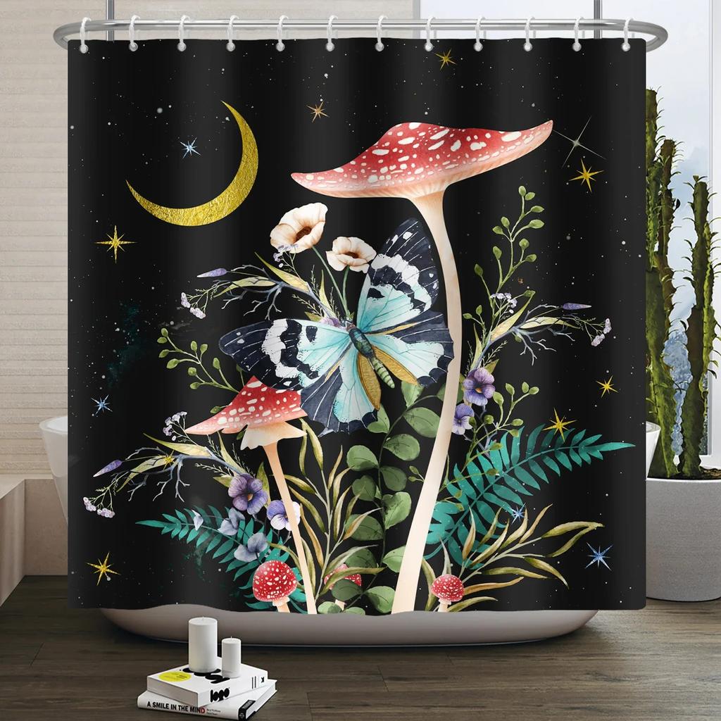 Moth Shower Curtain Moon Phase Butterfly Mushroom Psychedelic Tarot Gothic Shower Curtain for Bathroom Waterproof Bath Curtain