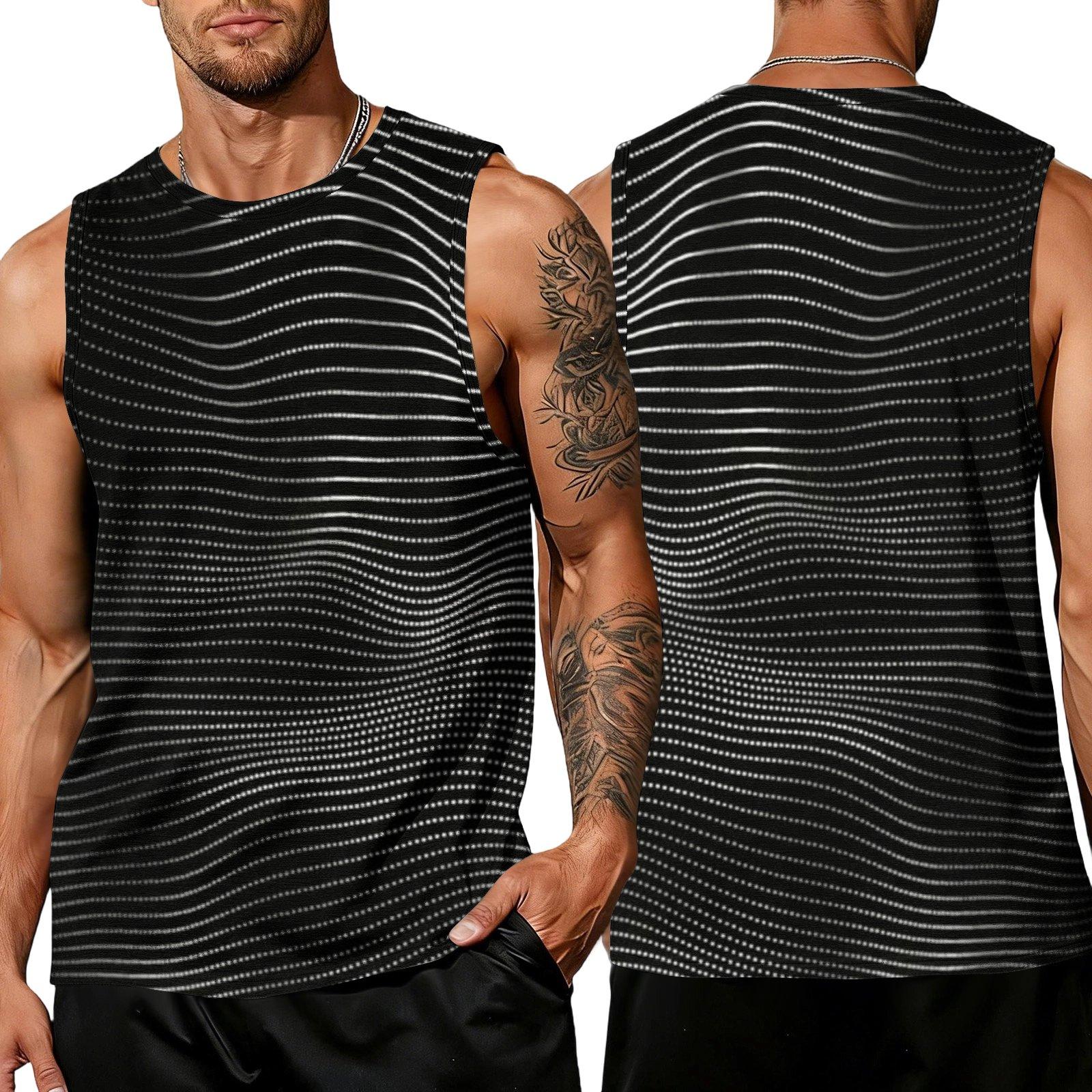 Men s Striped Print Tank Top Breathable Athletic Sleeveless Workout Shirt M