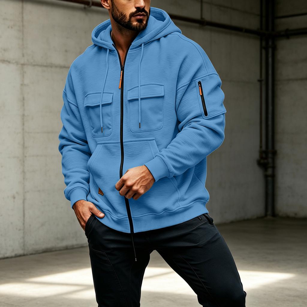 Herren Kapuzen-Reißverschluss-Sweatshirt Lockerer Schnitt Mehrere Taschen Strickjacke Jacke Freizeit-Oberbekleidung