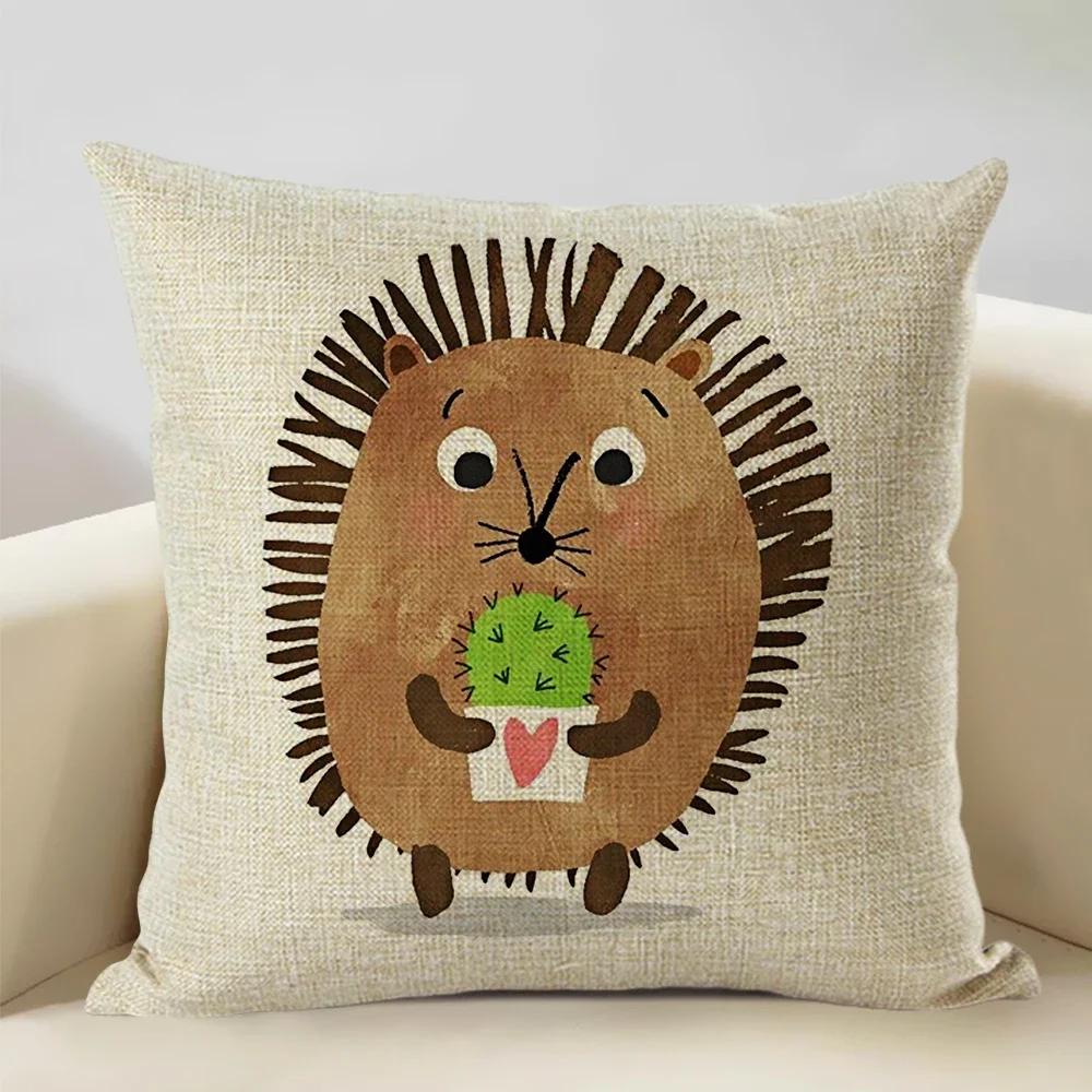 Animal Cushion Cover Linen Pillowcase Decorative Sofa Pillow Cover Home Decor Hedgehog Fox Bear Pillow Cases CM