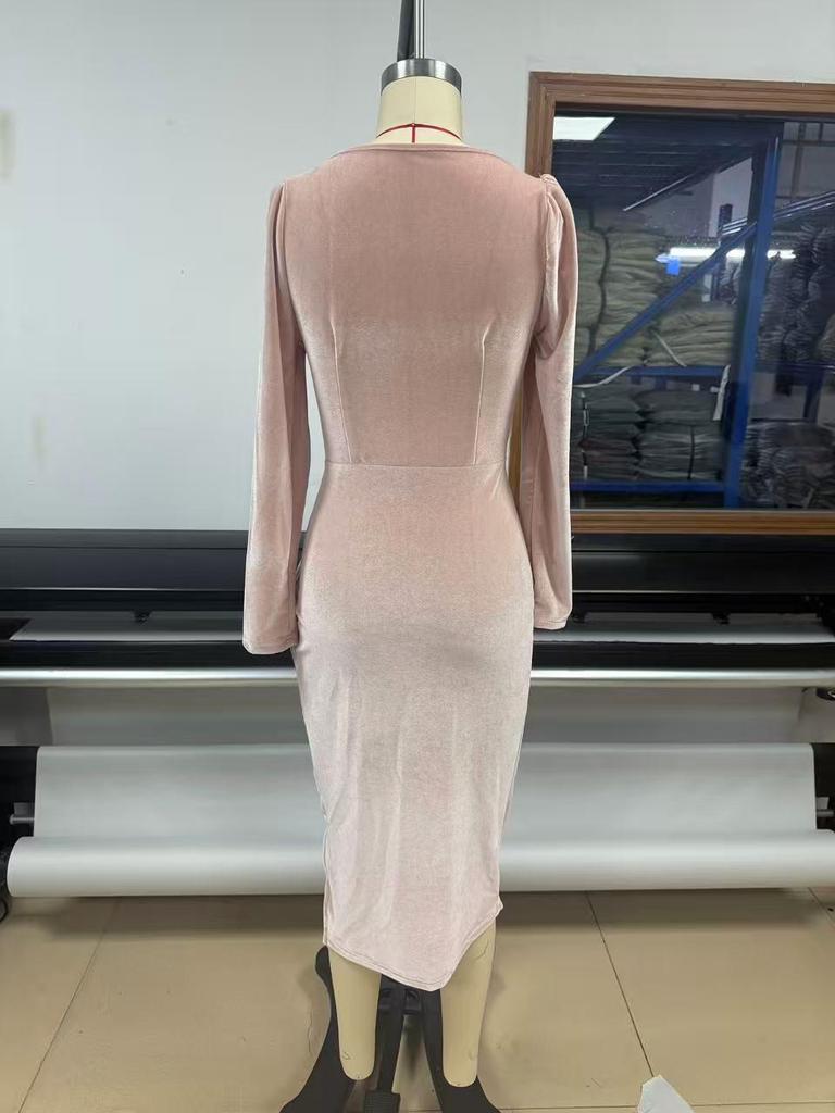 2025 Women's Casual Golden Velvet Slim Fit Long Sleeve Pleated Split Dress