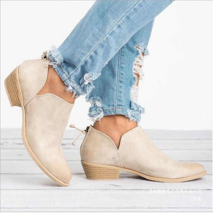 Four Seasons Large Size Coarse Heel Thin and Naked Boots Women's British Style Solid Color Pointed Back Zipper Low Heel Single Shoes