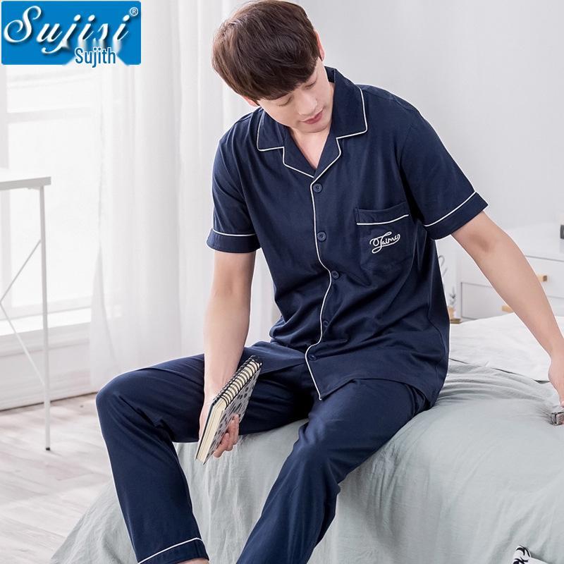 Men's Summer Cotton Pajama Set: Short Sleeve, Long Pants, Plus Size, Loose, Casual, Thin Cardigan Homewear.