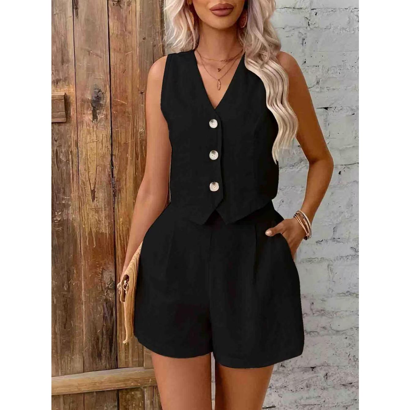 

GMXIA Комплект из повседневного жилета без рукавов и шорт для женщин, Льняной летний модный комплект-двойка для женщин XXL чёрный