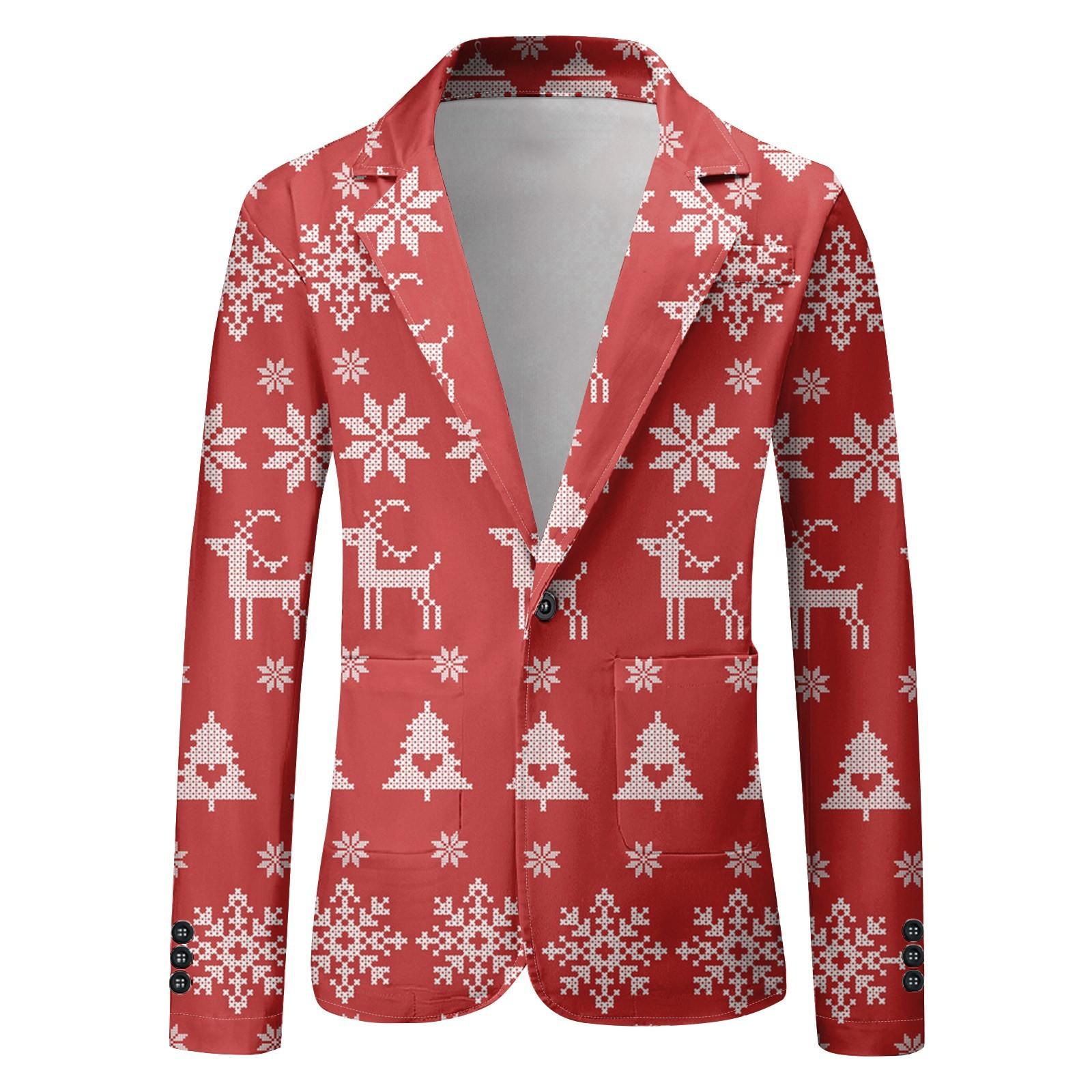 

Унисекс Зимние рождественские принты Пиджаки Унисекс Повседневная мода Куртки на пуговицах XL красный
