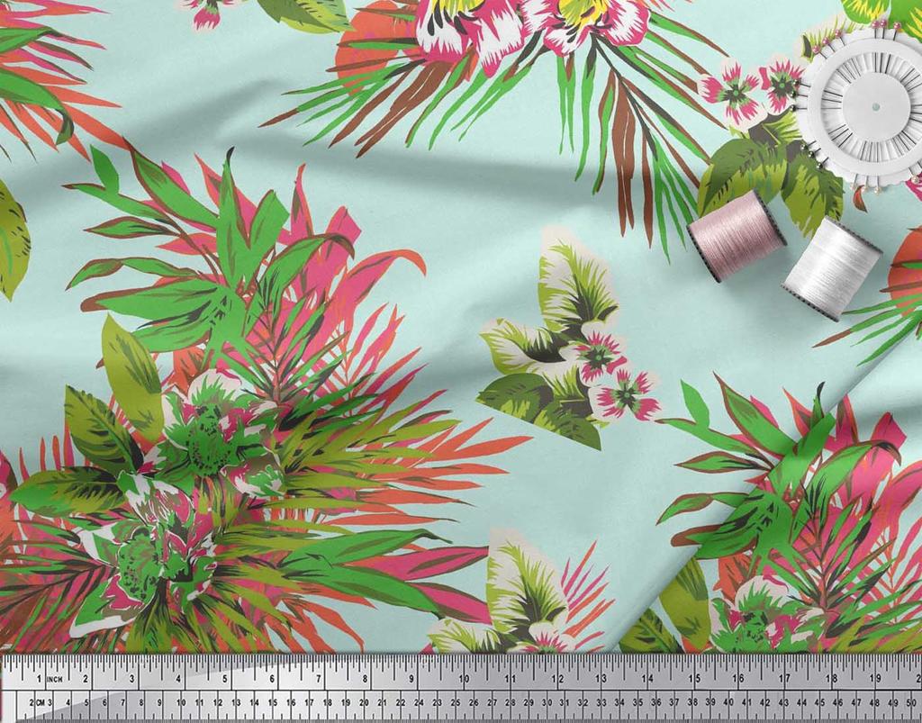 Soimoi Cotton Cambric Fabric Leaves & Lily Flower Print Sewing Fabric Metre 42 Inch